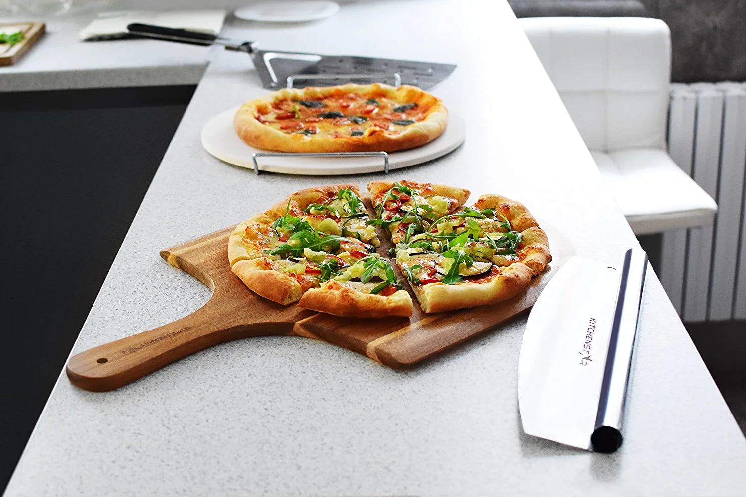 14 Pizza Making Kit by kitchenStar (Set of 2) - Pizza Cutter Rocker Knife  with Blade Cover + Perforated Stainless Steel Pizza Peel with Folding