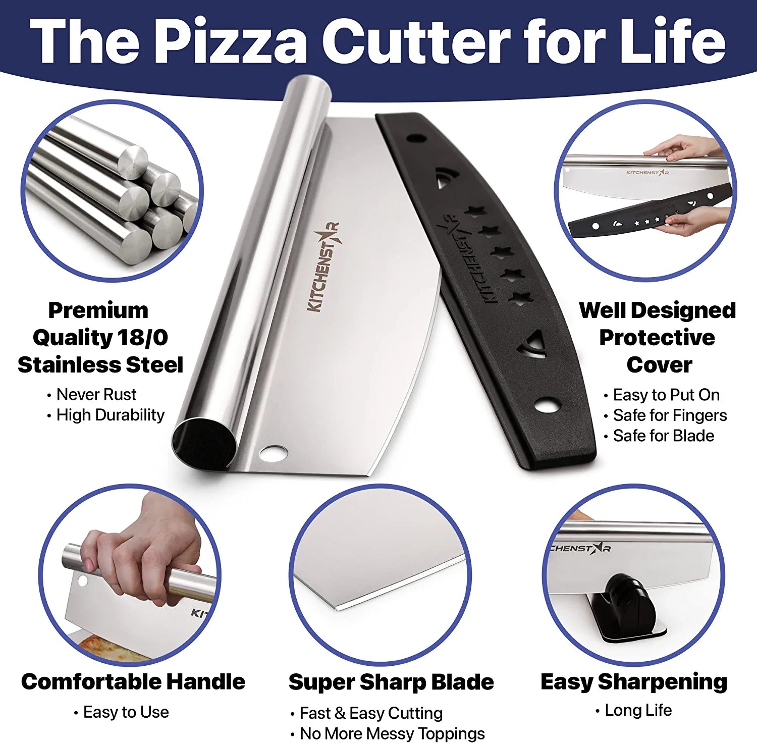 14” Pizza Cutter by KitchenStar | Sharp Stainless Steel Slicer Knife - Rocker Style w Blade Cover | Chop and Slices Perfect Portions + Dishwasher Safe – Premium Pizza Oven Accessories