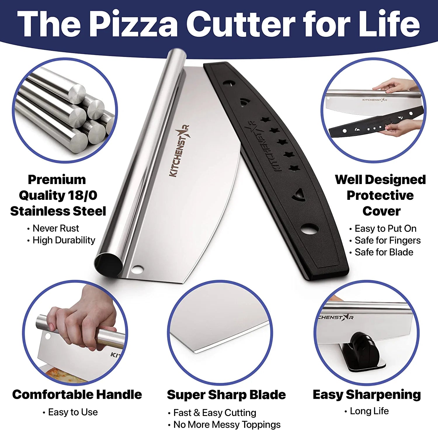 16" Pizza Cutter by KitchenStar | Sharp Stainless Steel Slicer Knife - Rocker Style w Blade Cover | Chop and Slices Perfect Portions + Dishwasher Safe - Premium Pizza Accessories