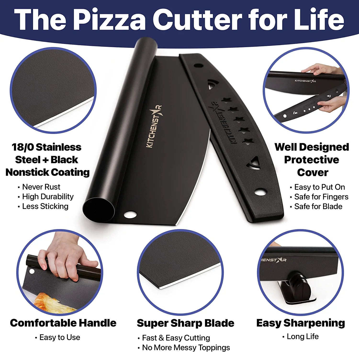 KitchenStar Pizza Cutter Rocker 12 inch - Stainless Steel Pizza Slicer Knife - Black NonStick Sharp Knife with Blade Cover - Pizza Making Tools & Oven Accessories - Dishwasher Safe