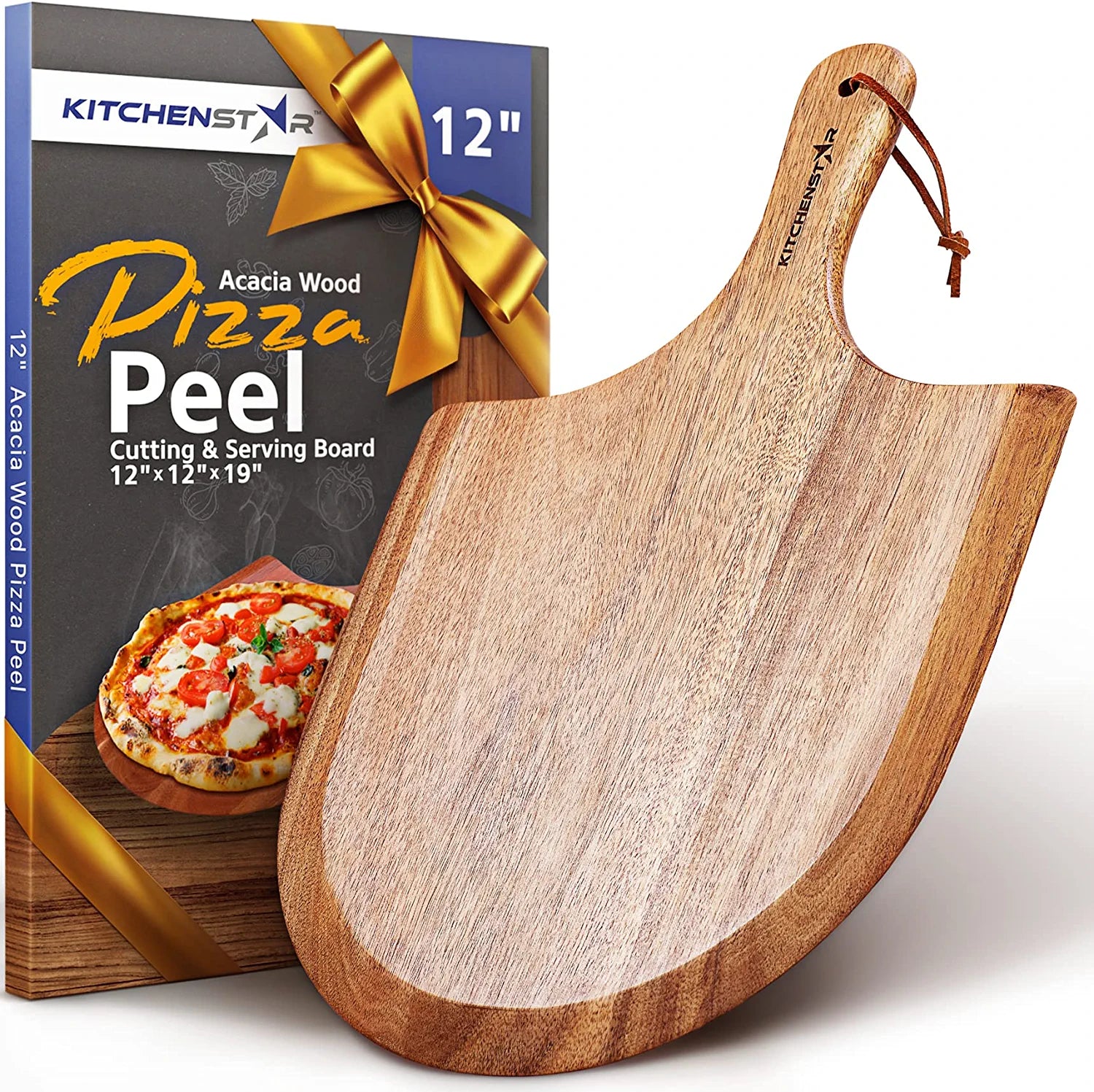 KitchenStar Acacia Wood Pizza Peel 12 inch - Wooden Pizza Paddle Spatula for Oven - Beautiful Cutting and Serving Board with Comfortable Handle - Pizza Oven Accessories