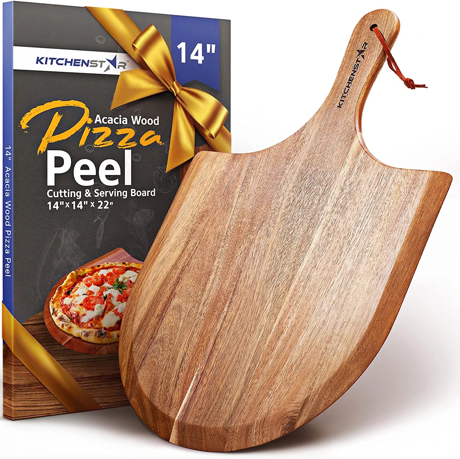 KitchenStar Acacia Wood Pizza Peel 14 inch - Large Wooden Pizza Paddle Spatula for Oven - Beautiful Cutting & Serving Board with Handle - Premium Pizza Oven Accessories