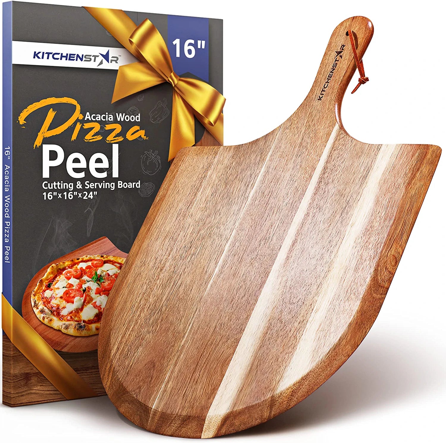 KitchenStar Acacia Wood Pizza Peel 16 inch - Extra Large Wooden Pizza Paddle Spatula for Oven - Beautiful Cutting & Serving Board with Handle - Pizza Oven Accessories
